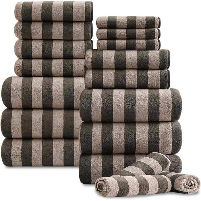 18 Pcs Brown Cabana Stripe Family Towels Set